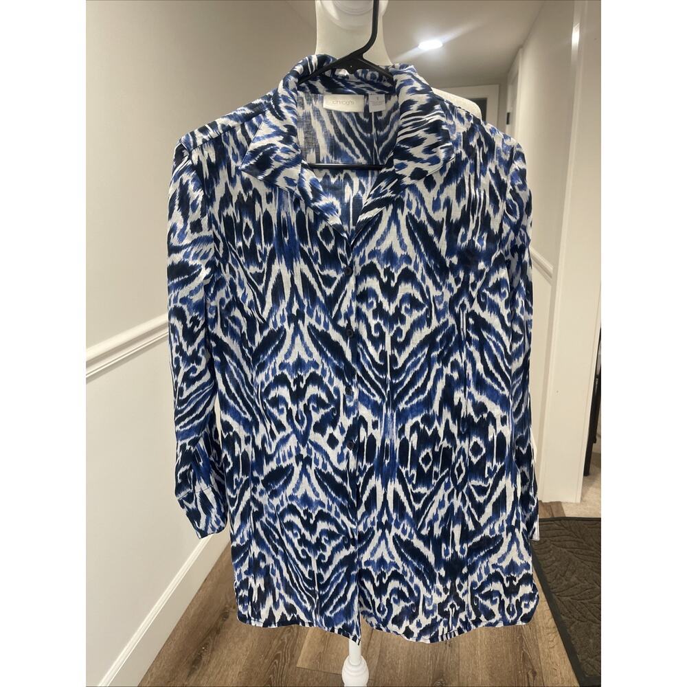 CHICO'S 100% Linen Tunic Top Shirt Blouse Blue White Button Up Sz 1 M Collar